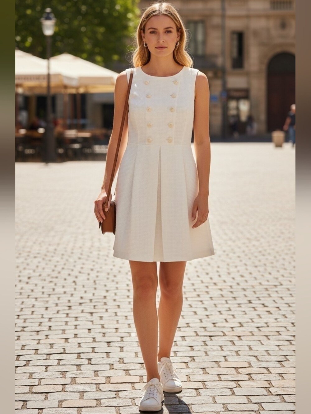 Tahari White Seersucker Nwt Double breasted Sleeveless Lined Dress w/ Pockets